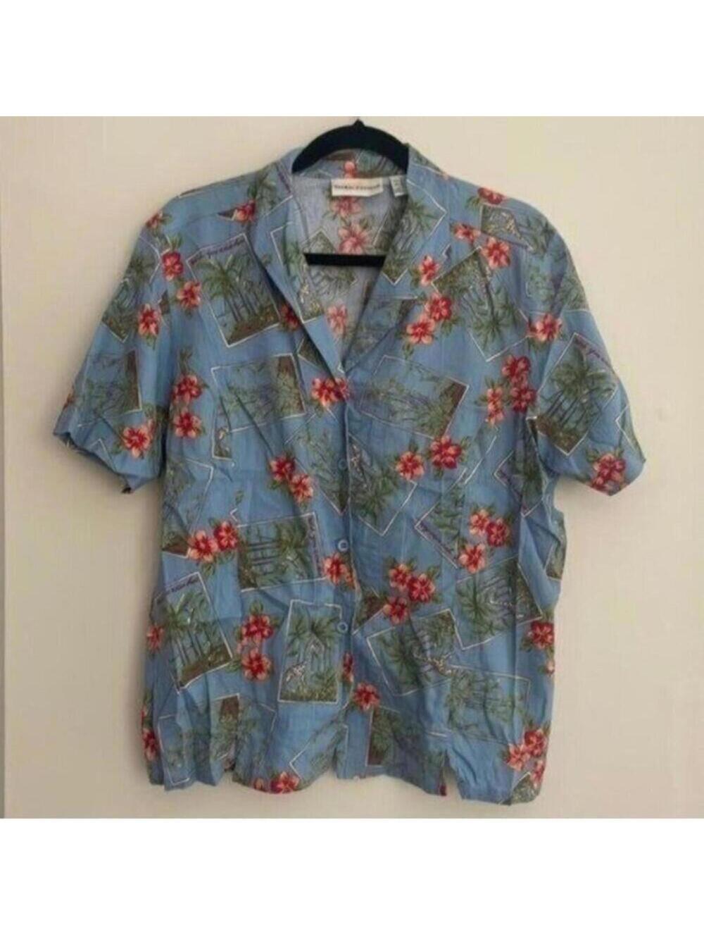 Sun Bay Cotton Blue Collared Short Sleeve Tropical Vacation Post Card Shirt